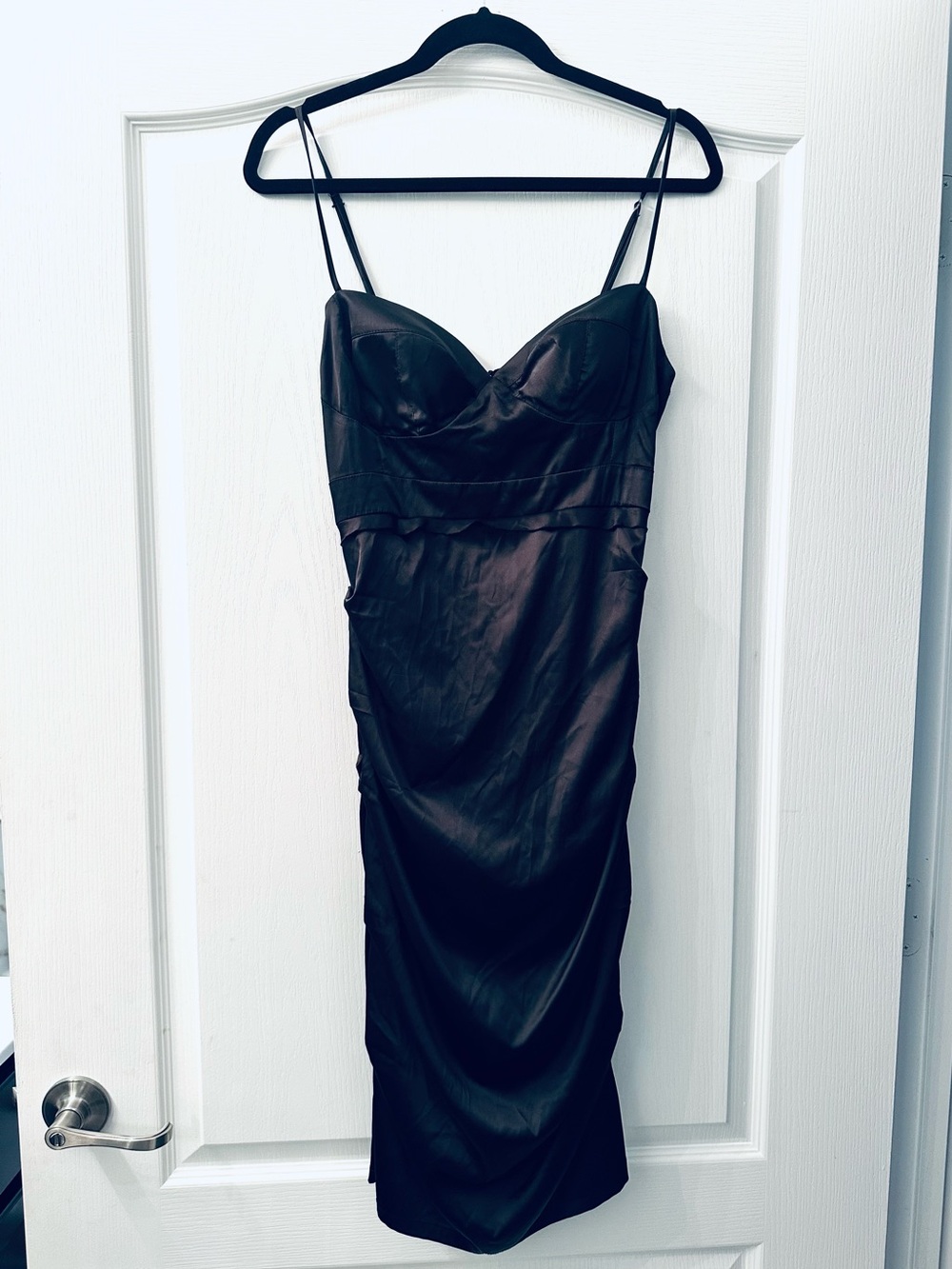 Rubber Ducky Productions, Inc. Black Satin Strapless Ruched Cocktail Dress L